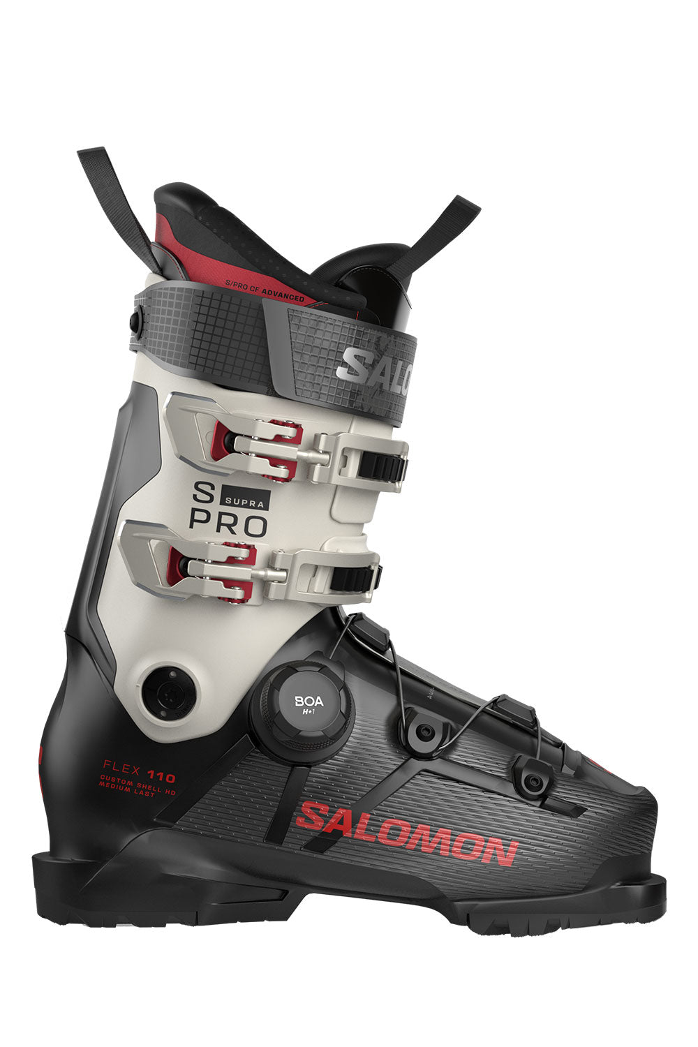 Salomon S Pro ski boot in black, white, and red, featuring dual buckle closures and a dial system, shown from a side profile on a white background.