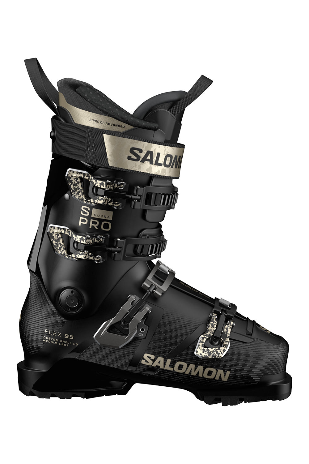 Salomon ski boots in black with silver buckles and gold branding, shown from a side profile on a white background.