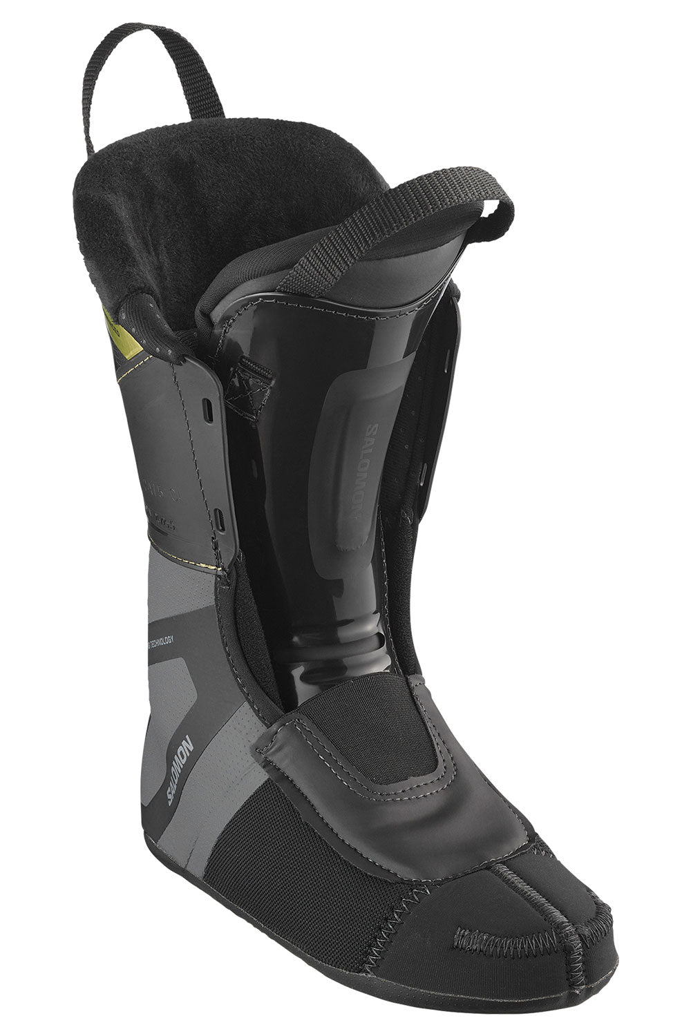 Black and gray ski boot liner with strap on a white background