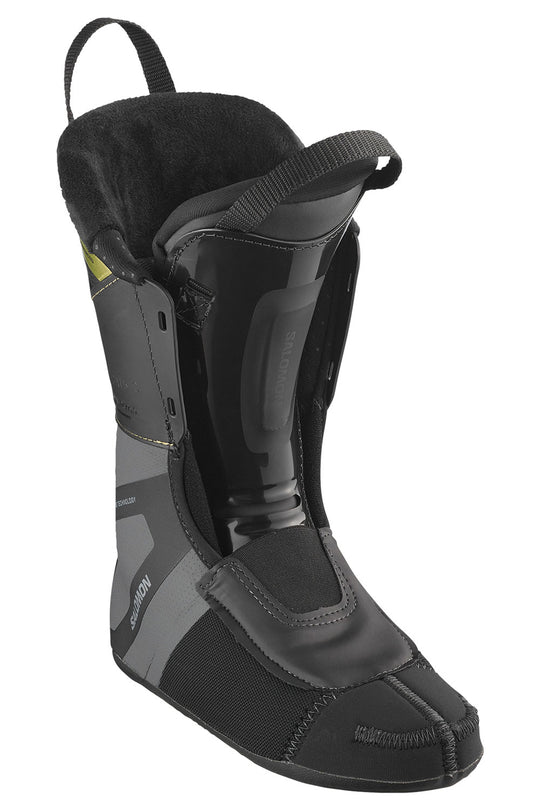 Black and gray ski boot liner with strap on a white background