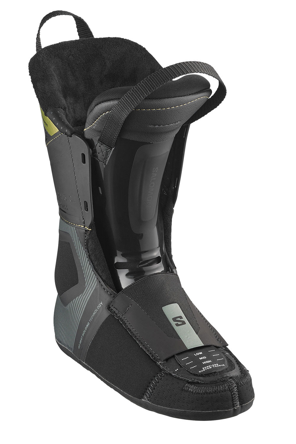 A black and gray ski boot liner with a hook-and-loop strap closure and a small silver logo, shown on a plain white background.