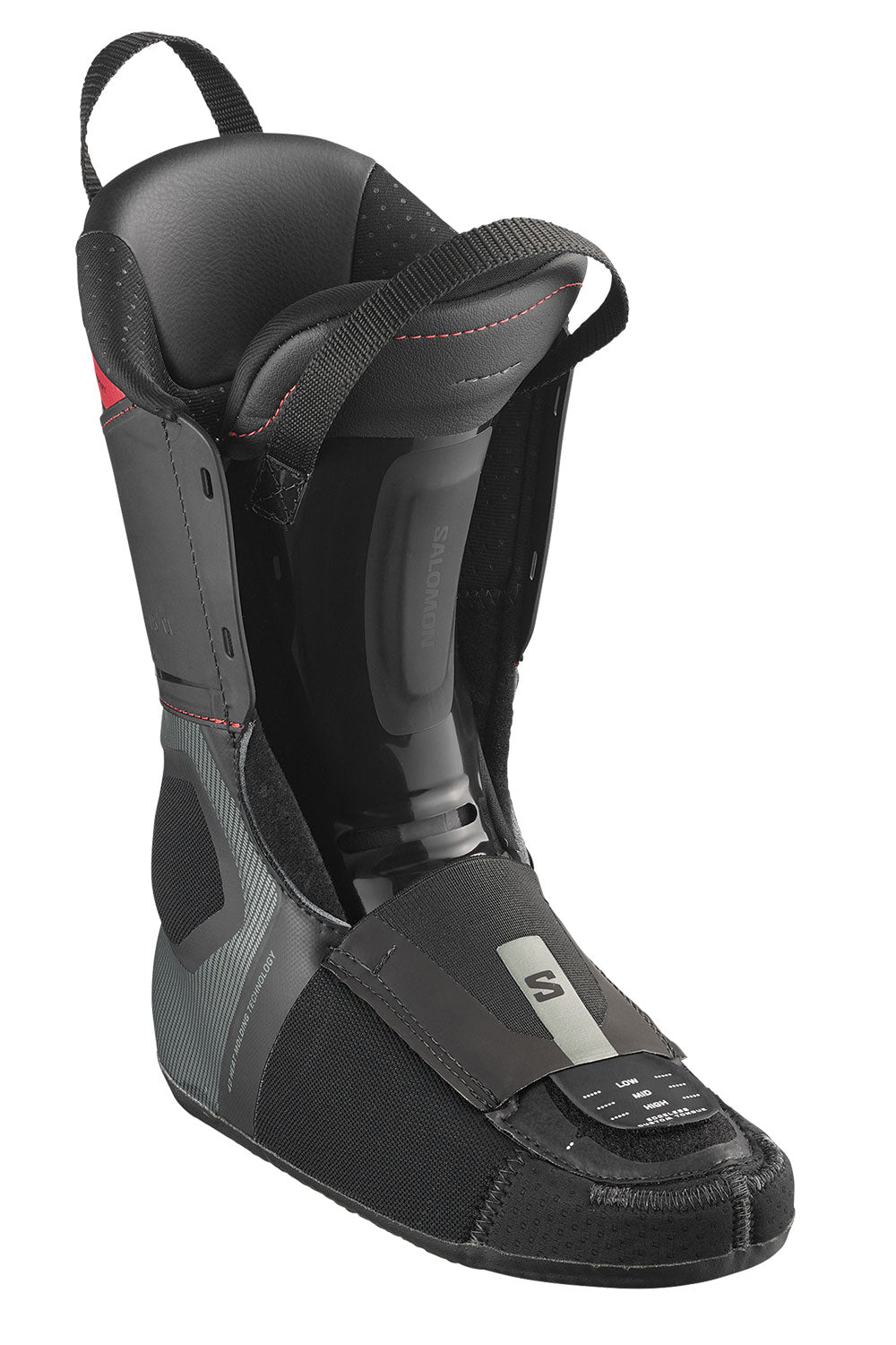 A black and dark gray athletic boot with a hook-and-loop strap closure and a small silver logo, shown against a plain white background.