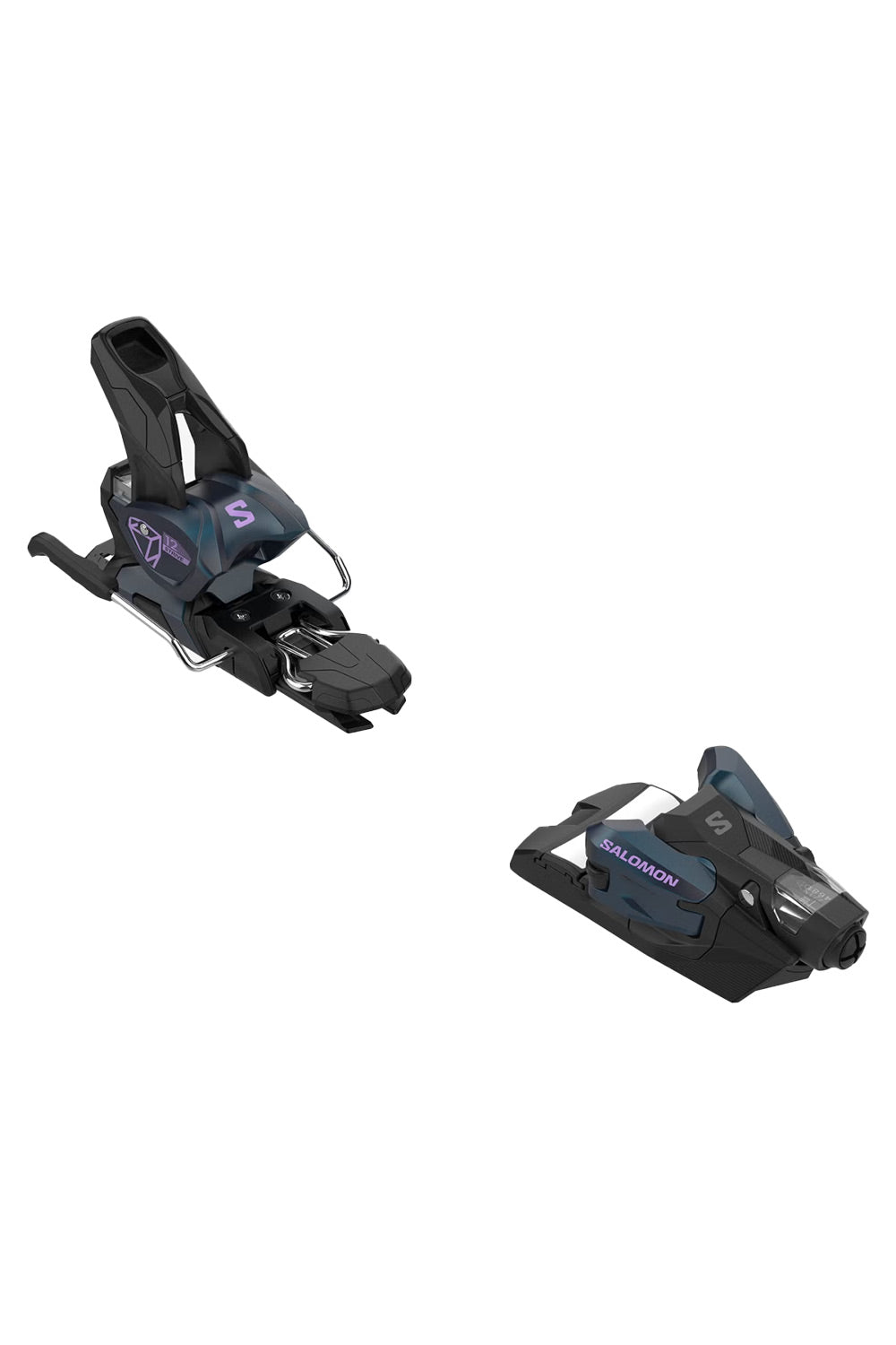 pair of blue ski bindings on a white background