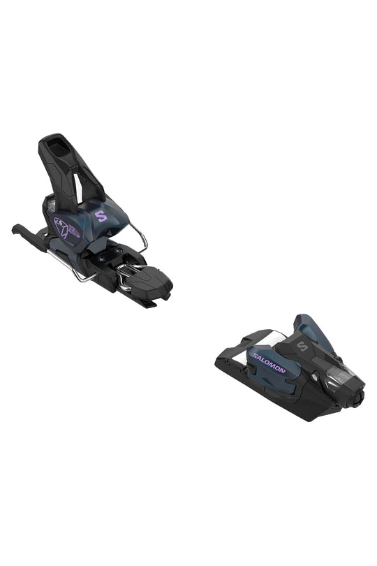 pair of blue ski bindings on a white background