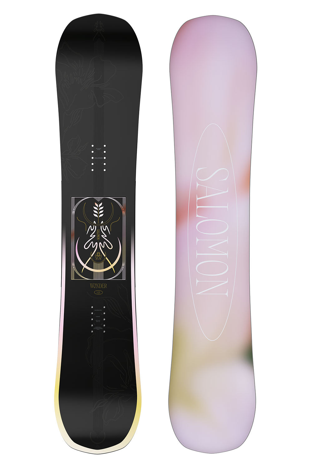 Two snowboards, one black and one with a floral design, on a white background.