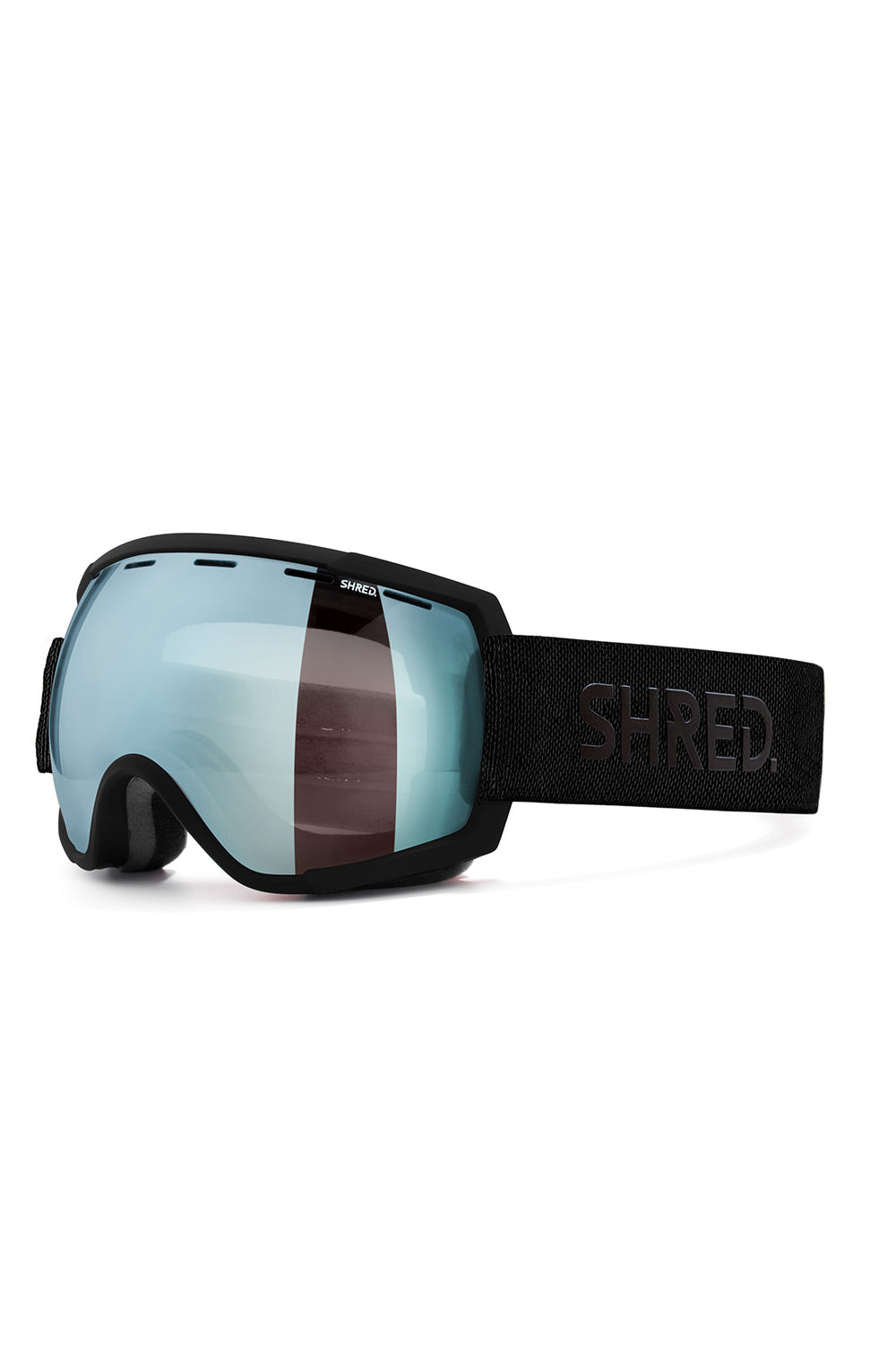 Black SHRED ski goggles with a large mirrored blue lens and a black strap featuring the embossed brand name 'SHRED'.