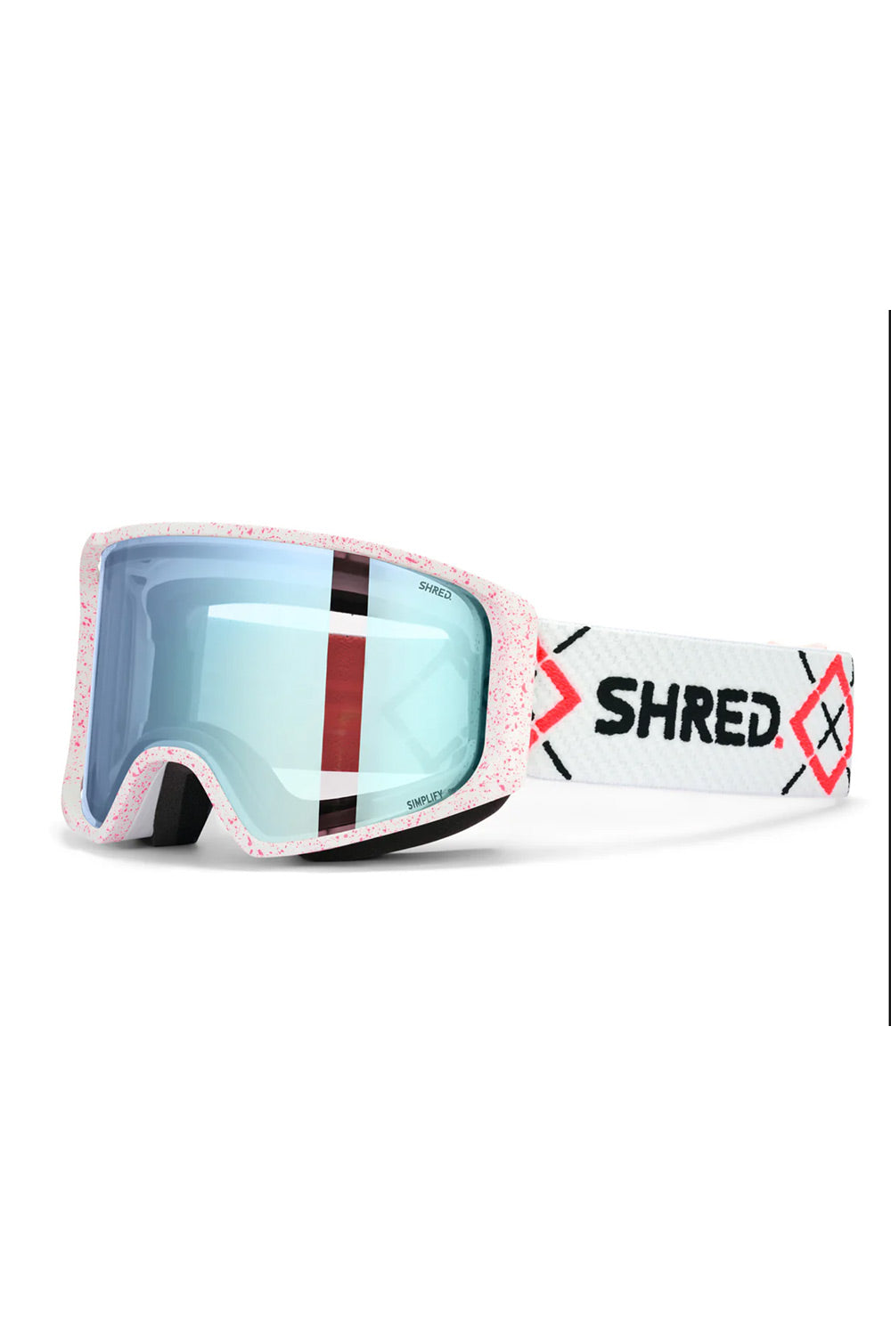 SHRED X ski goggles with a light blue reflective lens, a white and pink speckled frame, and a white strap featuring the black SHRED logo and red accents.