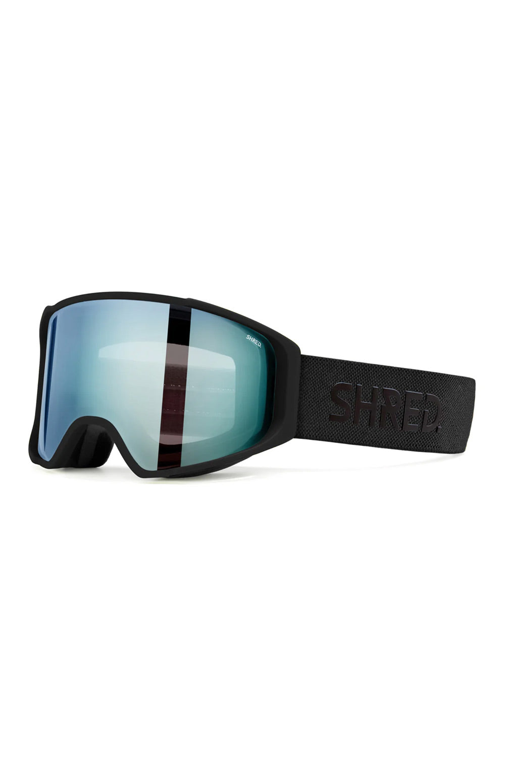 Black ski goggles with a large blue-tinted lens and a black strap embossed with the brand name 'SHRED'.