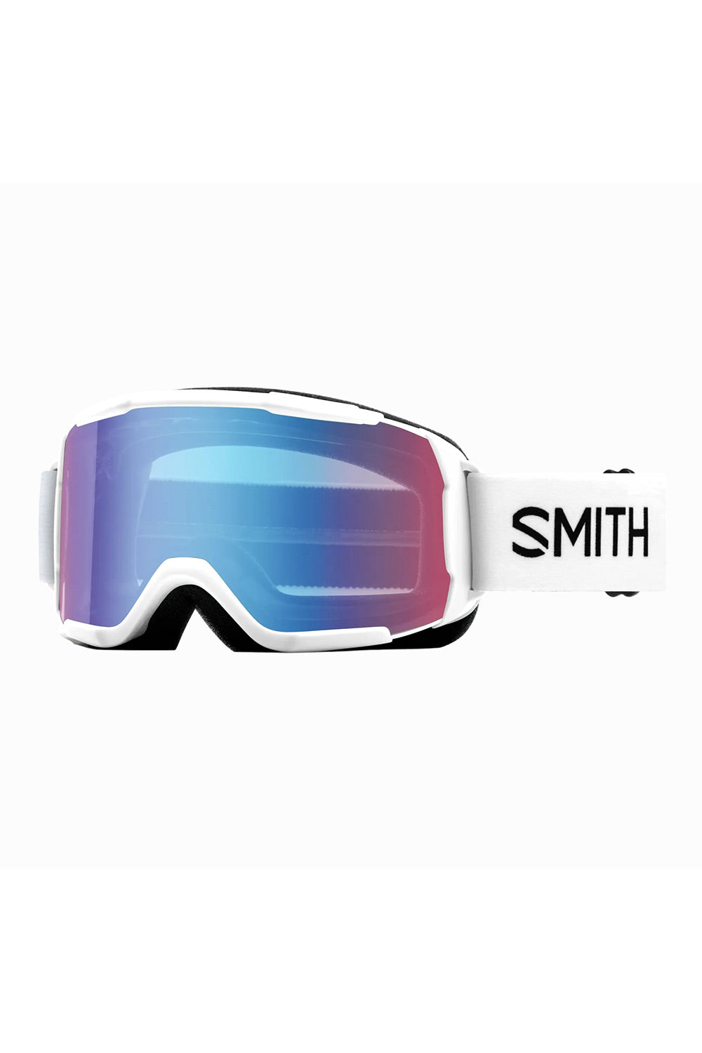 White Smith snow goggles with a blue-to-pink mirrored lens and a white strap featuring the black Smith logo.