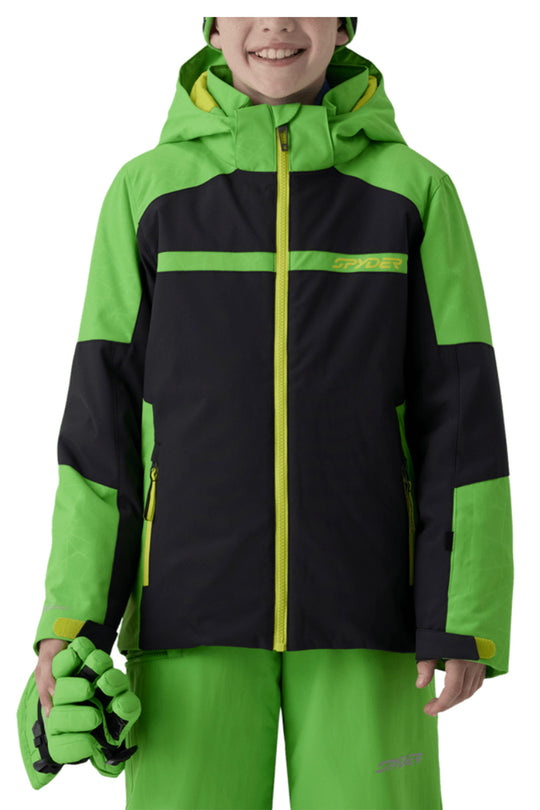 A child wearing a bright green and black ski jacket with a matching green ski pants, holding green gloves against a plain white background.