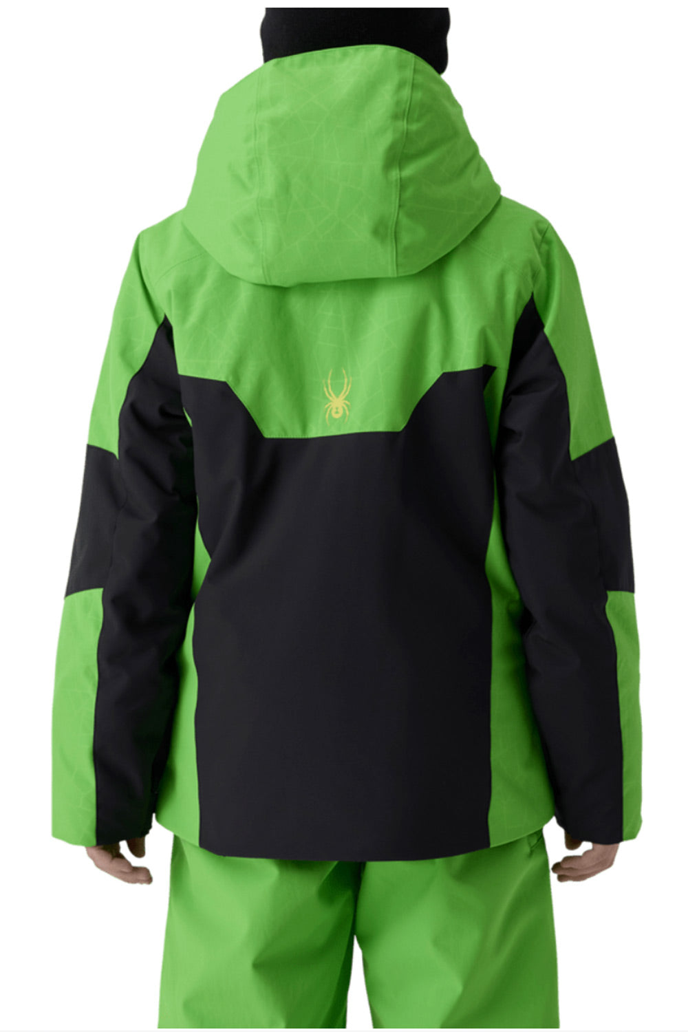 A child's hooded ski jacket and matching pants in bright green and black, shown from the back. The jacket features a small yellow spider logo on the upper back, and the model is wearing matching green pants against a plain white background.