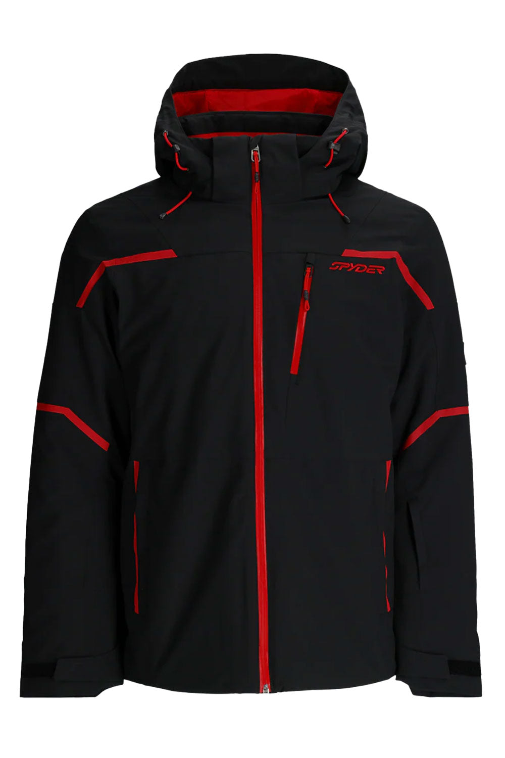 Black jacket with red accents on a white background
