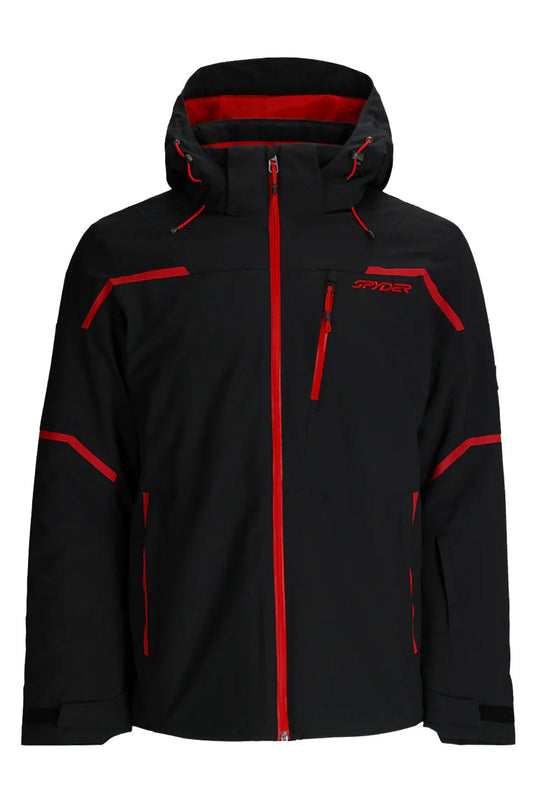 Black jacket with red accents on a white background