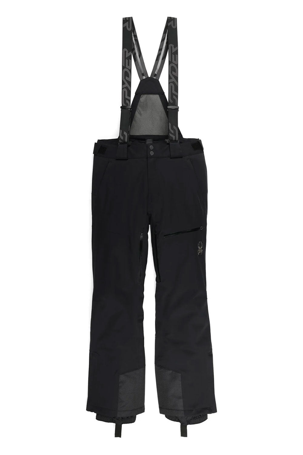 Black snow pants with suspenders on a white background