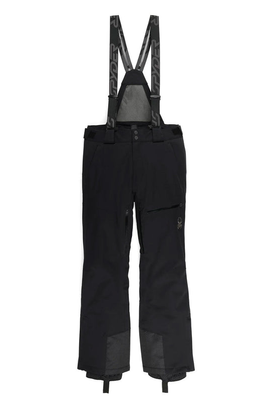 Black snow pants with suspenders on a white background
