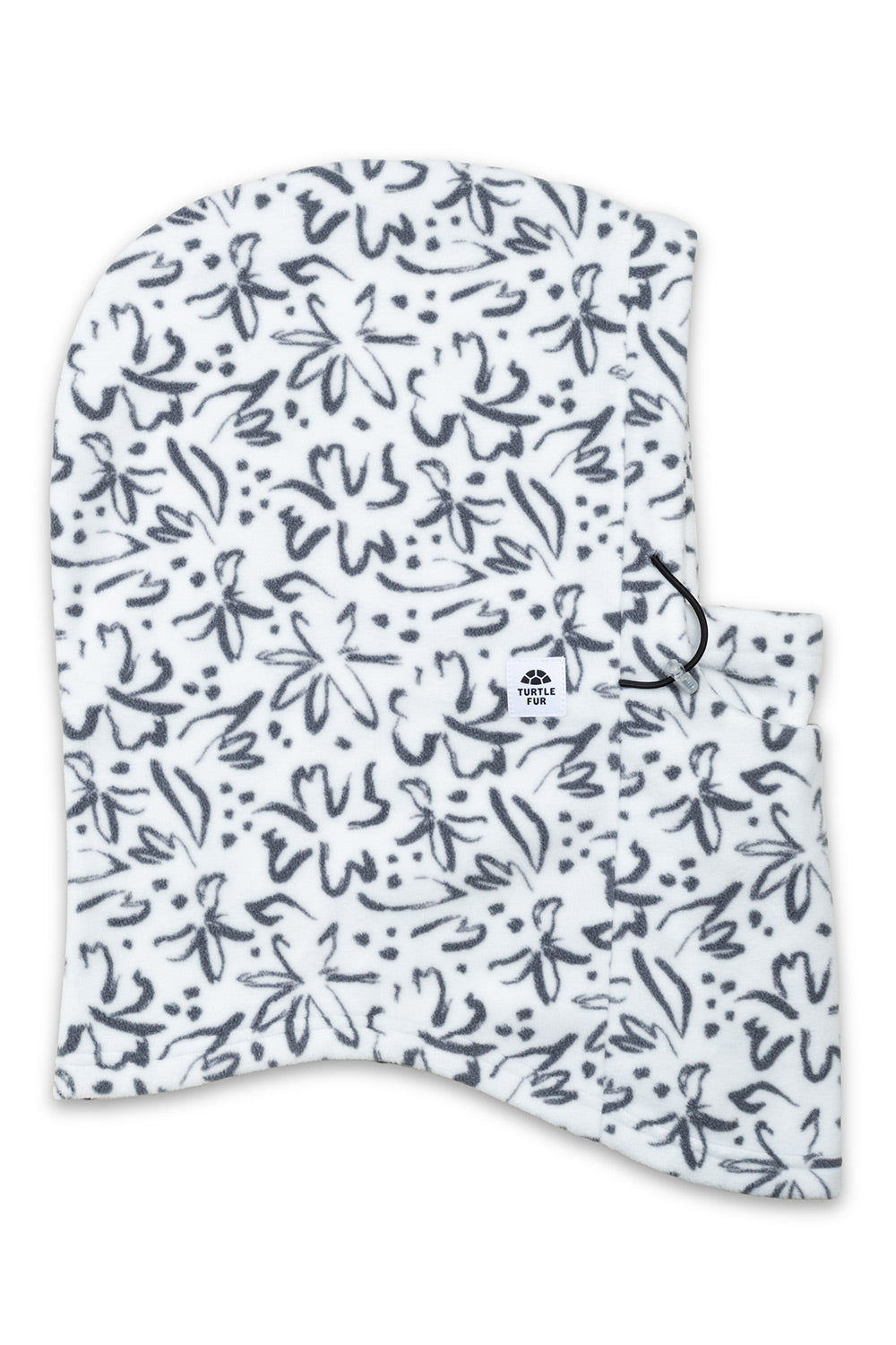 A white fleece balaclava or neck warmer with a black hand-drawn floral and abstract pattern, featuring a small black logo on the front and a black drawstring.