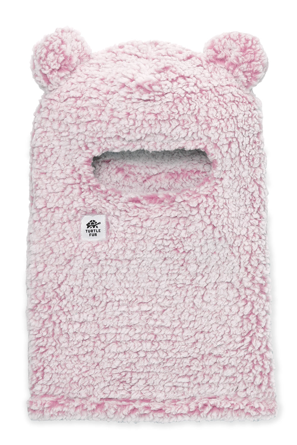 A pink sherpa fleece balaclava mask with bear ears and a central face opening, featuring a small white logo patch on the left side.
