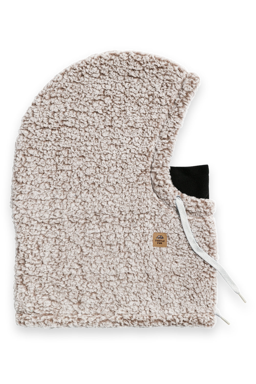 A beige sherpa fleece hooded balaclava with a black inner lining and white drawstrings, shown on a plain white background.