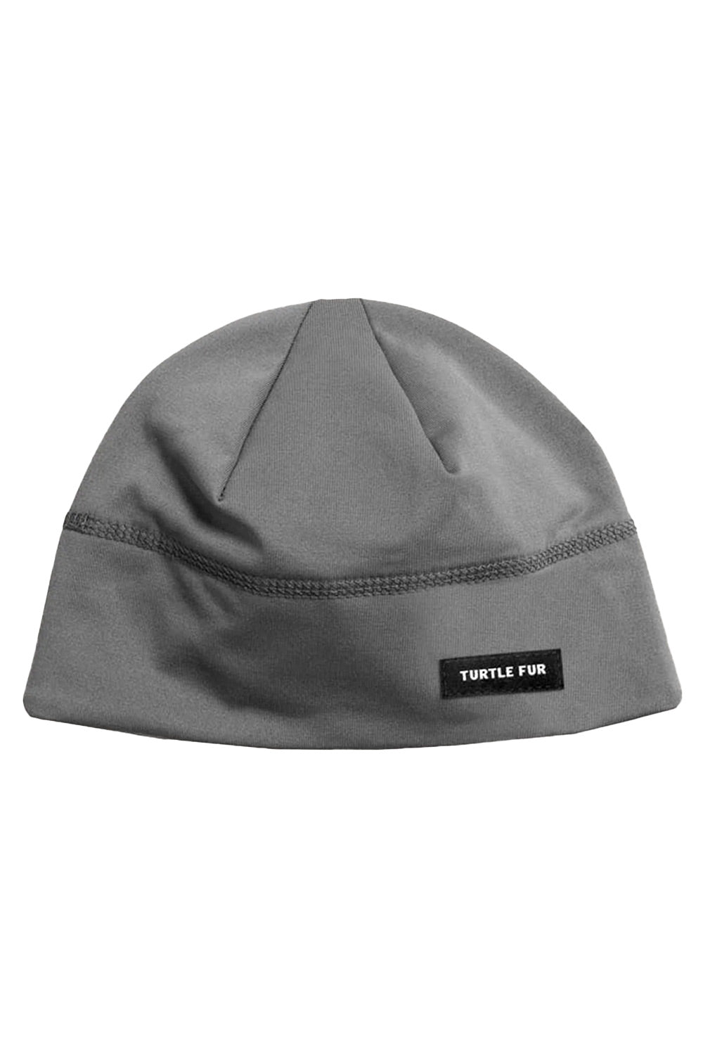 A gray knit beanie hat with a small black rectangular brand patch on the front that reads 'TURTLE FUR' in white text, shown against a plain white background.