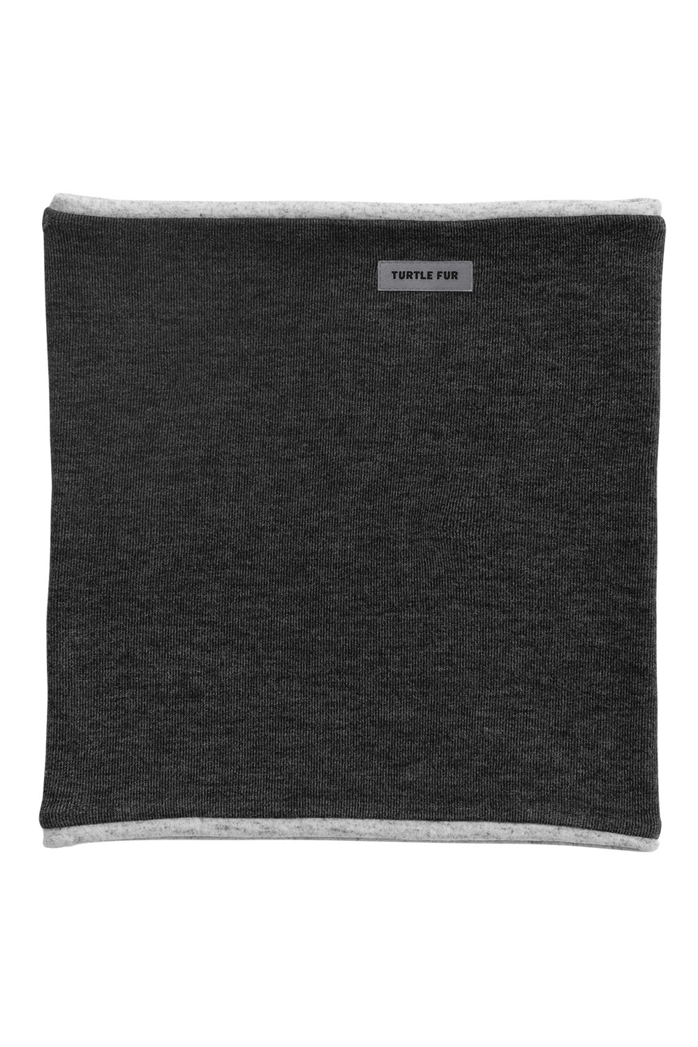 A dark charcoal gray knit neck warmer or balaclava with light gray trim on the edges, featuring a small gray brand label that reads 'TURTLE FOR'.
