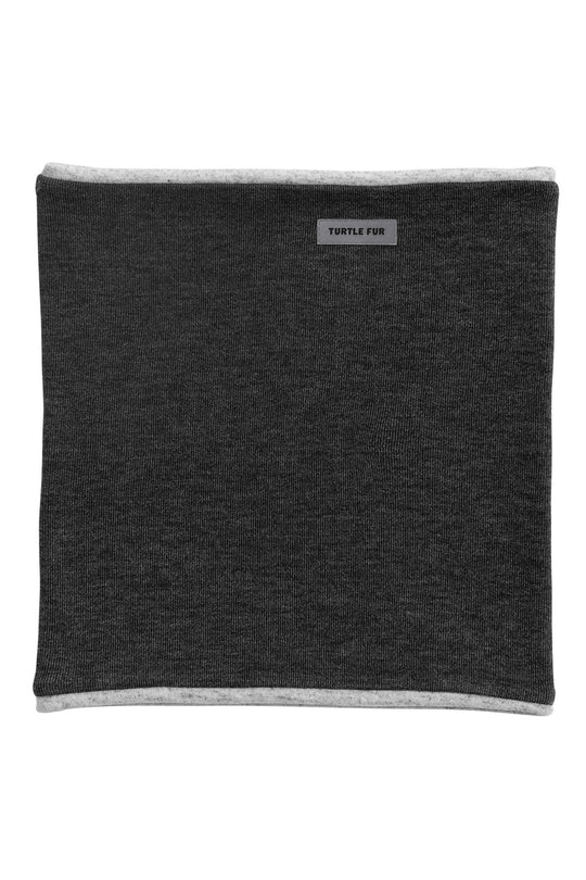 A dark charcoal gray knit neck warmer or balaclava with light gray trim on the edges, featuring a small gray brand label that reads 'TURTLE FOR'.