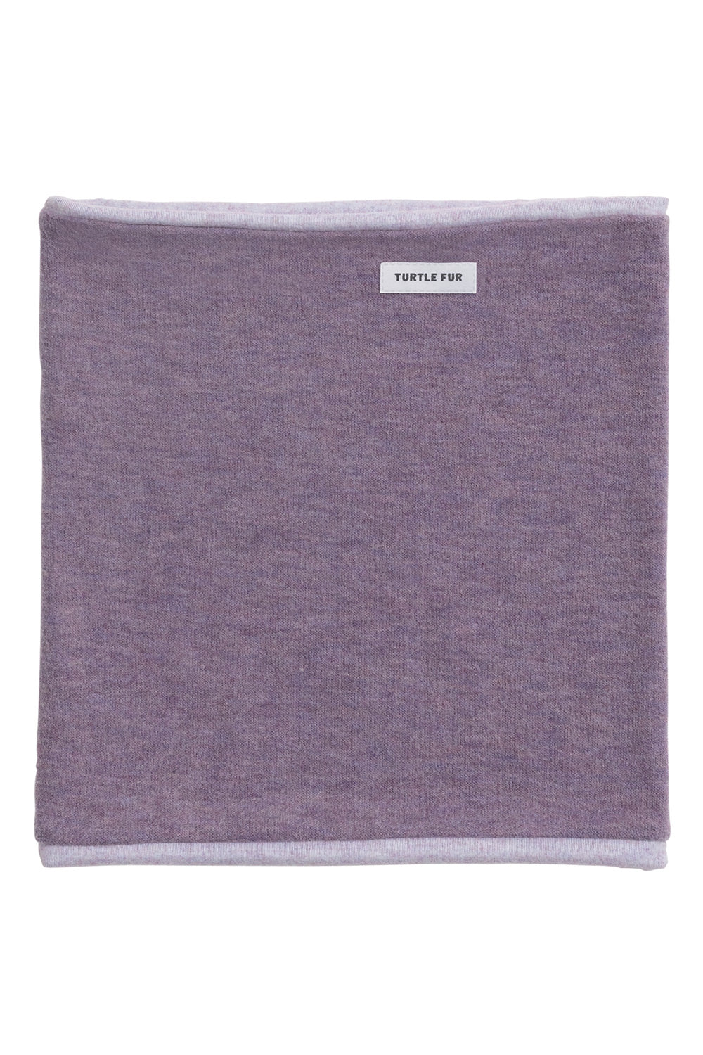 A square heathered lavender-purple neck warmer with light gray stitched borders and a small white brand label reading 'TURTLE FISH' near the top edge, shown on a plain white background.