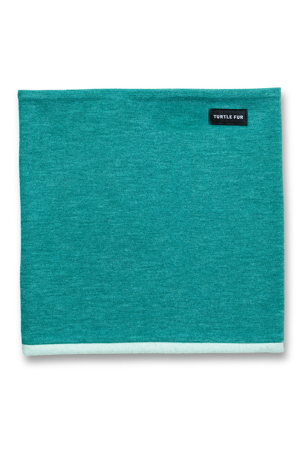 A teal green heathered fabric neck warmer or headband with a white stitched border and a small black 'TURTLE FUN' brand label on the top right, shown against a plain white background.