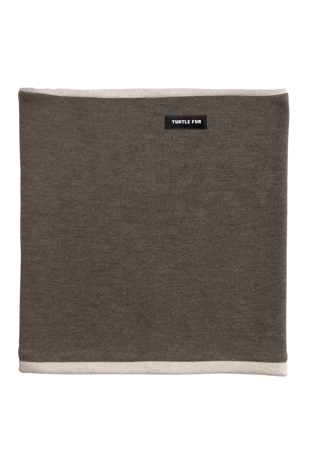 A square brown neck warmer with cream-colored borders on the top and bottom edges, featuring a small black brand label that reads 'TURTLE FUN'.