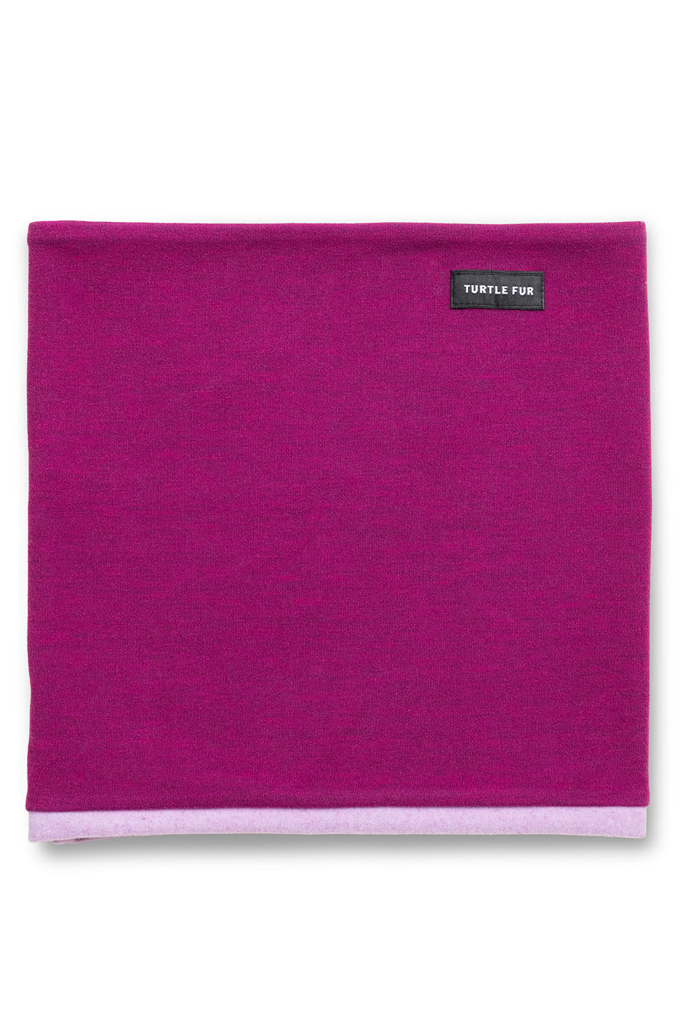 A folded magenta fleece neck warmer with a small black brand label reading 'TURTLE FOR' near the top right, set against a plain white background.