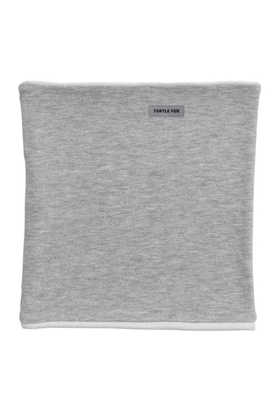 A light gray heathered neck warmer with a small gray 'TURTLE FISH' brand label on the top edge, shown against a plain white background.