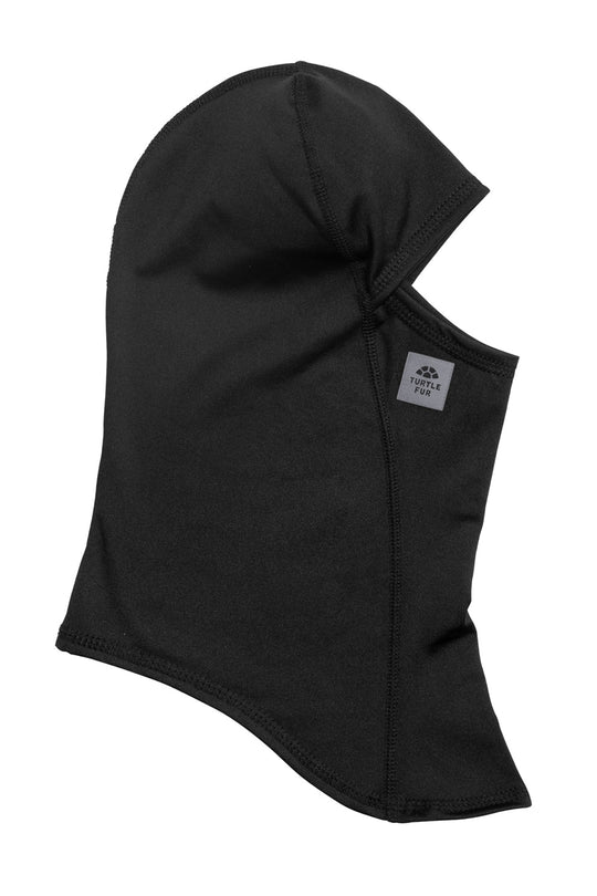 A black balaclava face covering with an integrated neck flap, featuring a small white rectangular brand tag on the side, shown against a plain white background.