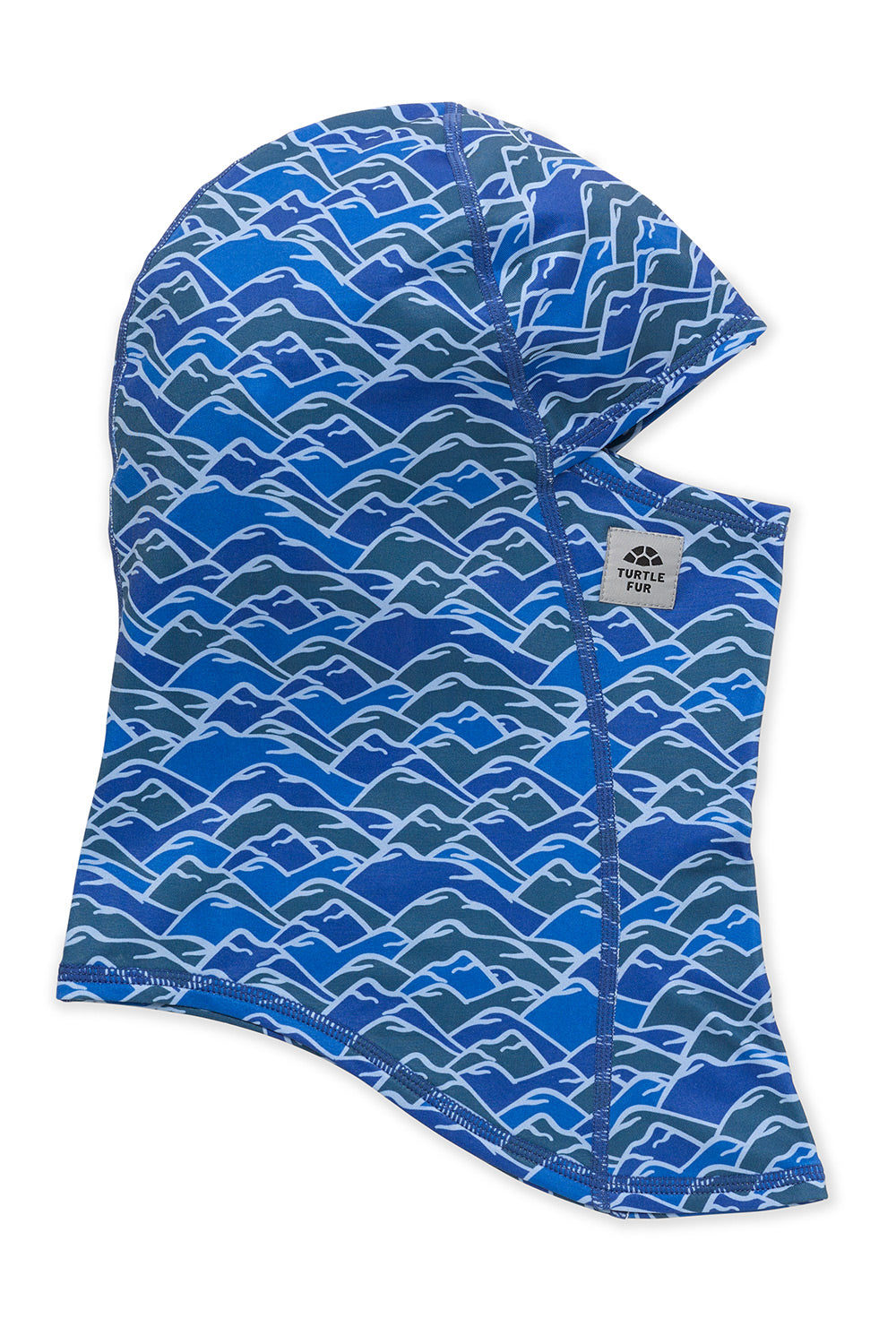 A blue and white patterned swim balaclava with a small white brand label on the side, displayed on a clean white background.