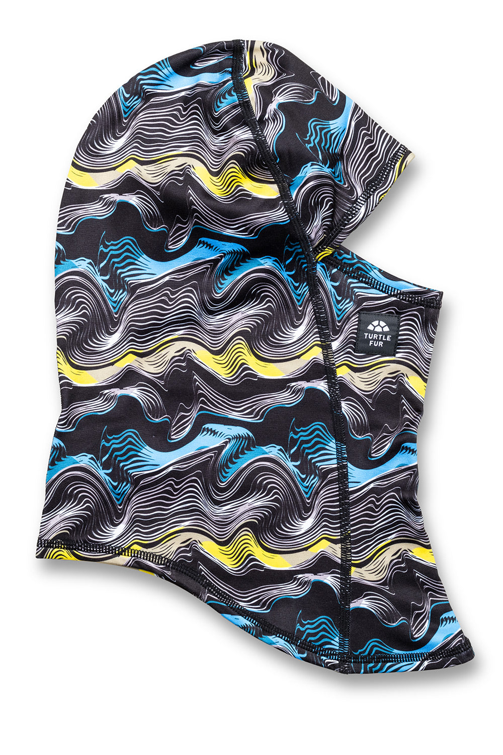 A hooded neck gaiter with a black background and a wavy, layered pattern in light blue, yellow, white, and gray, featuring a small white logo on the side.
