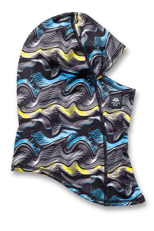 A hooded neck gaiter with a black background and a wavy, layered pattern in light blue, yellow, white, and gray, featuring a small white logo on the side.