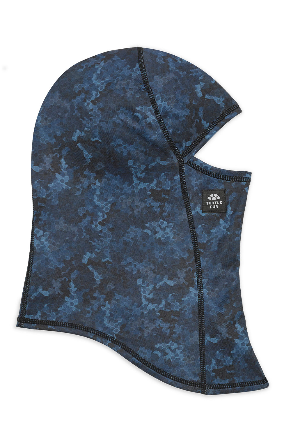 A blue and black camouflage balaclava face covering with a small black brand patch on the side, shown against a plain white background.