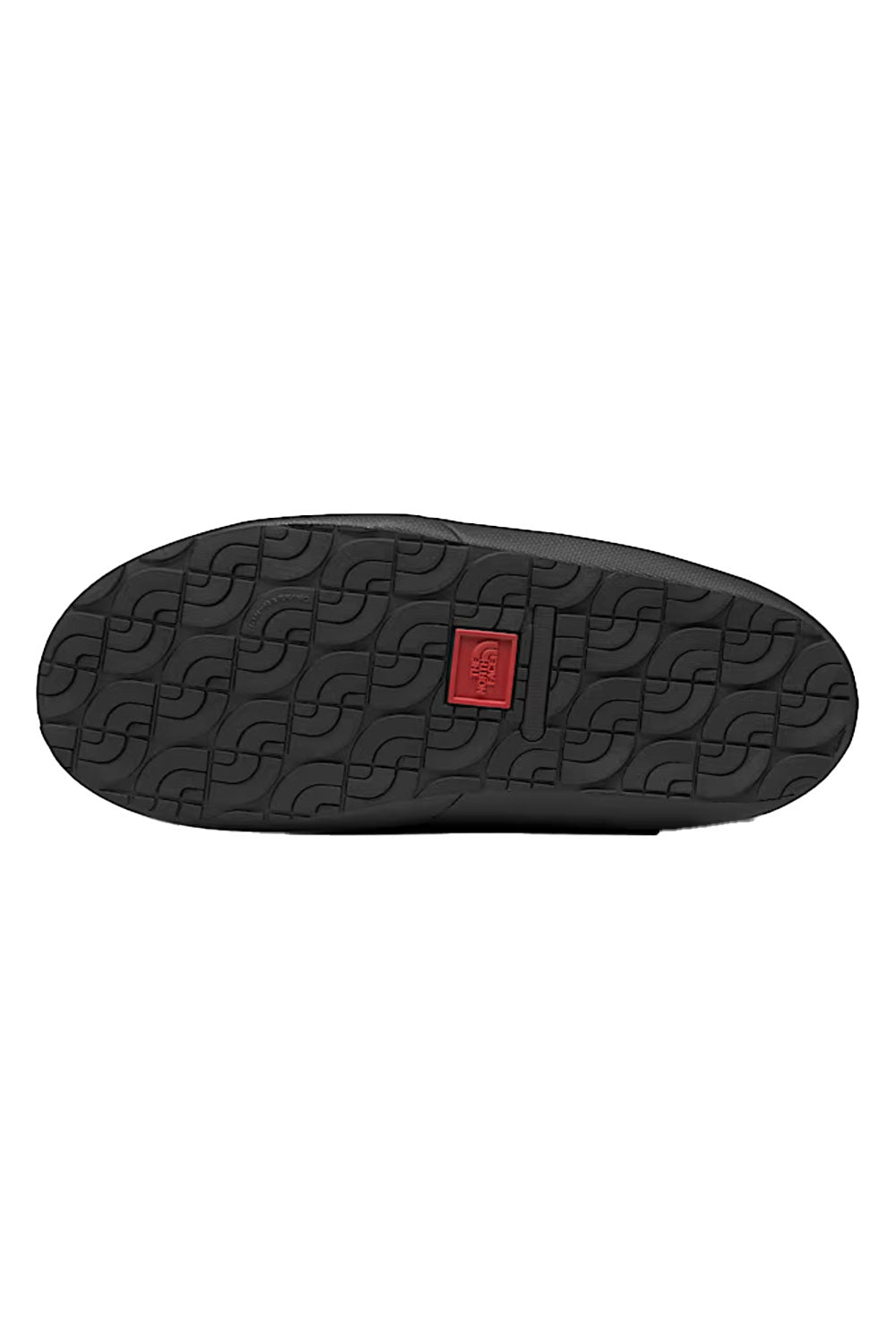 Black bootie sole with a red logo on a white background