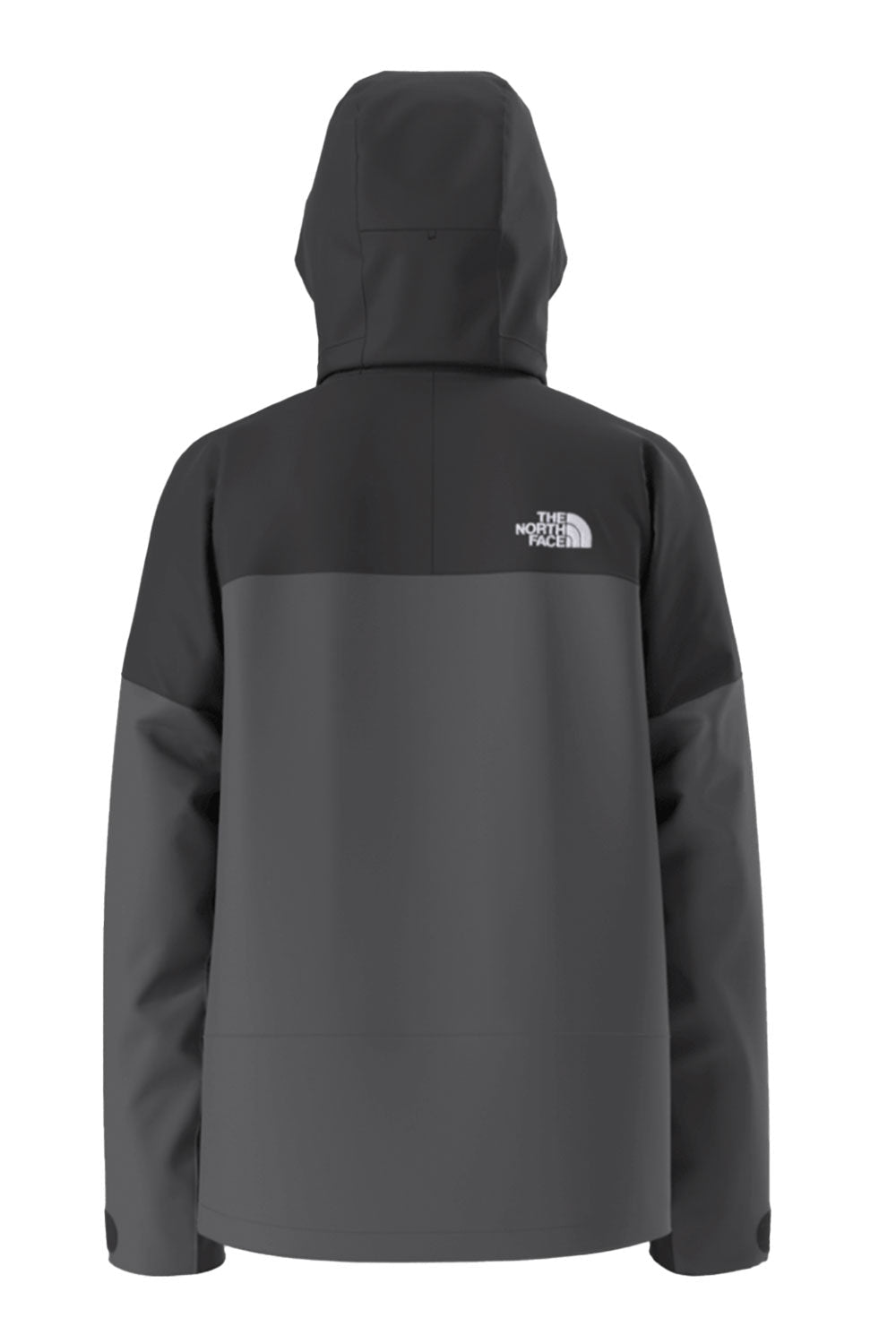 Back view of a black and gray jacket with The North Face logo on a white background