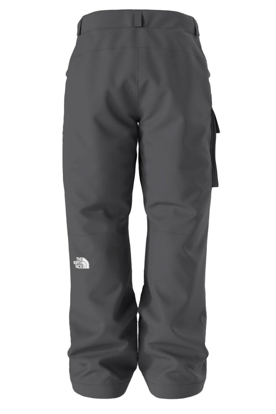 Dark gray pants with a brand logo on a white background