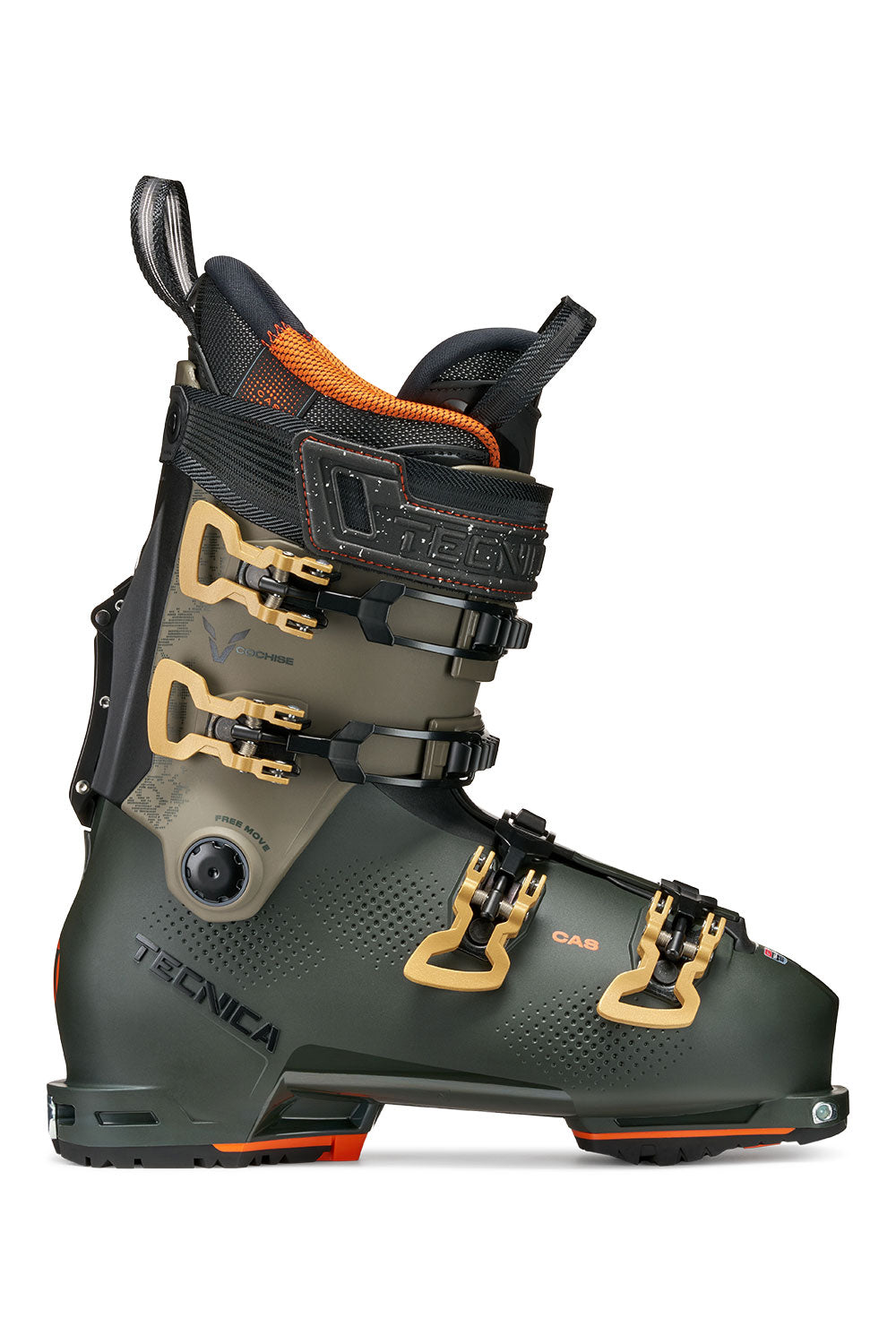 Ski boot with visible brand logo on a white background