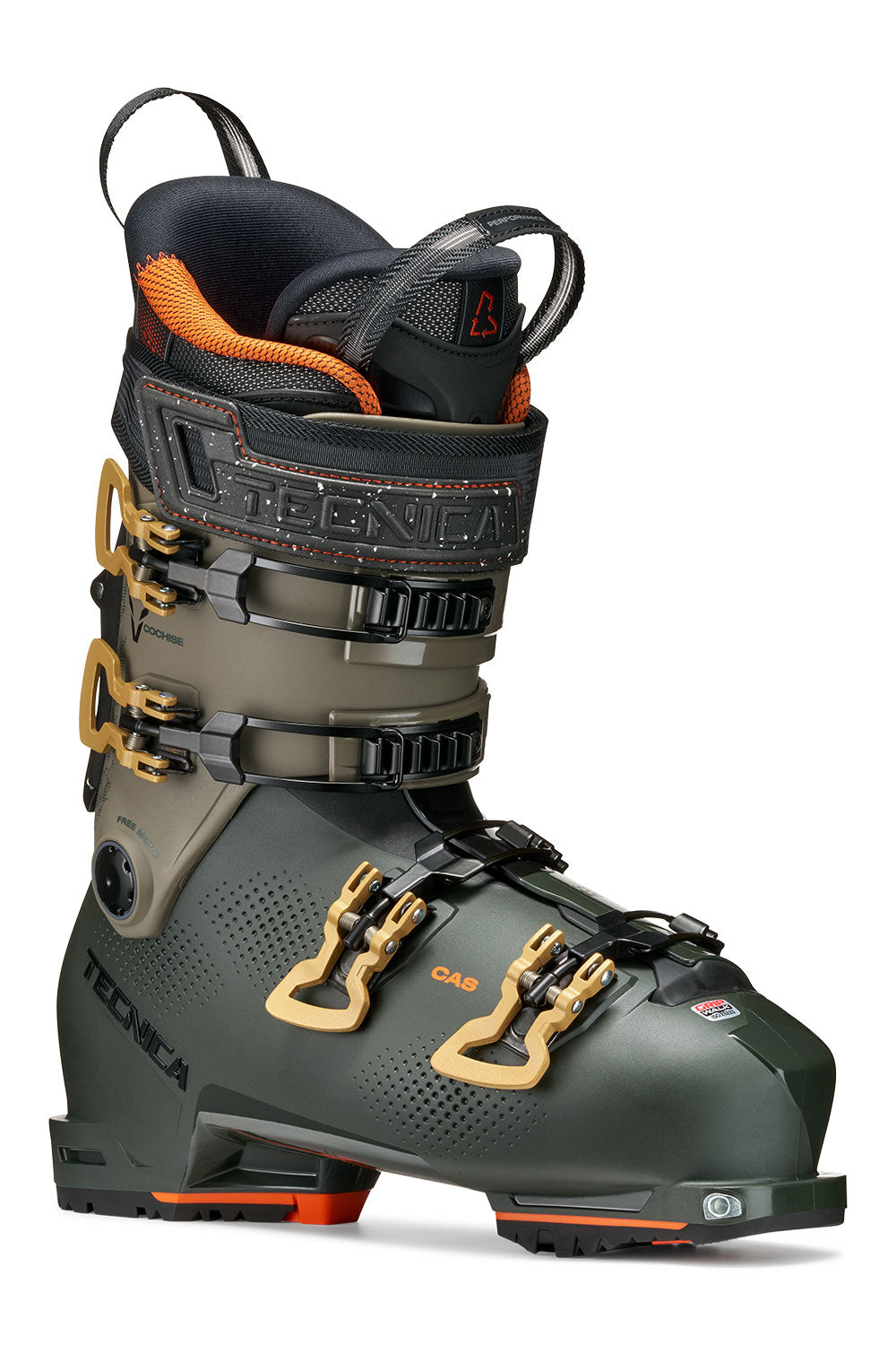 Gray ski boot with orange accents on a white background