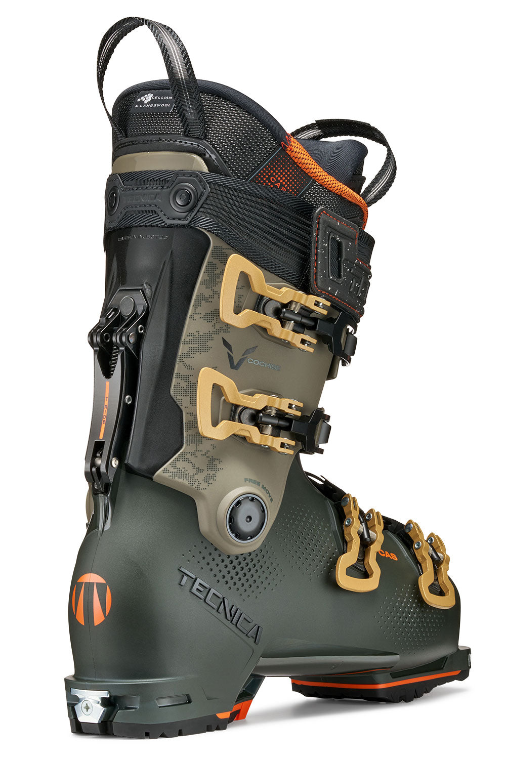 ski boot with black, green, and orange design on a white background