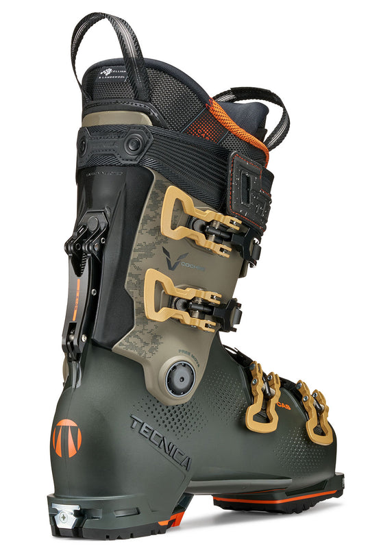 ski boot with black, green, and orange design on a white background