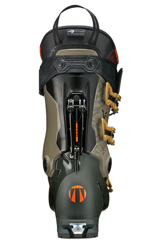 Close-up of a ski boot with visible branding on a white background