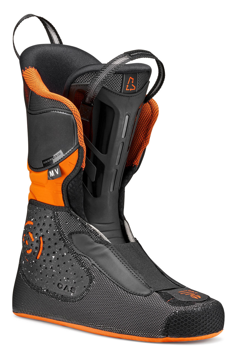 Black and orange ski boot liner with visible branding on a white background