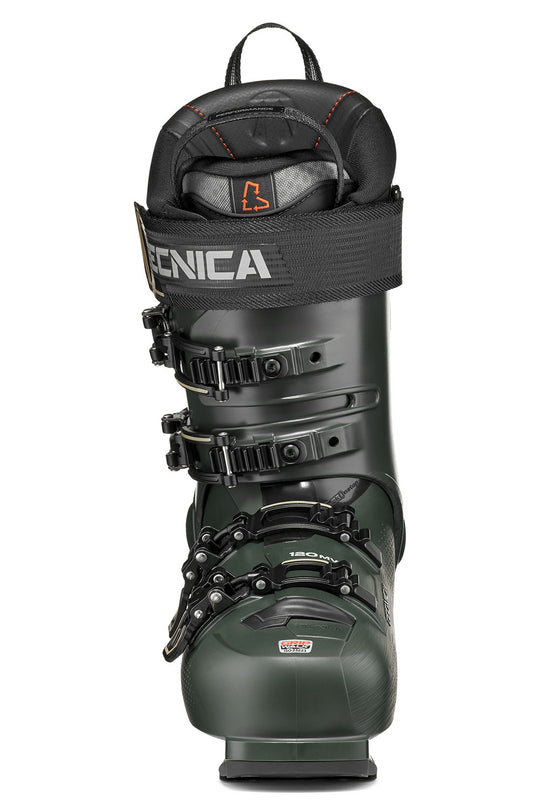 Black Tecnica ski boot on a white background