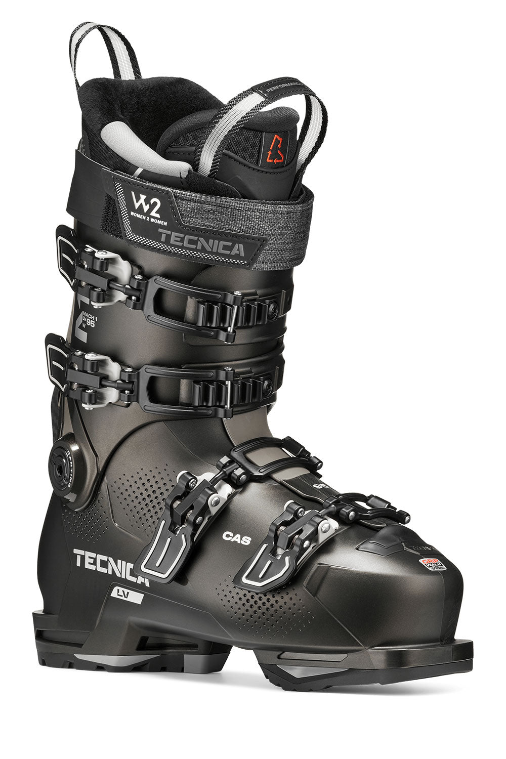 Black ski boot with green accents on a white background
