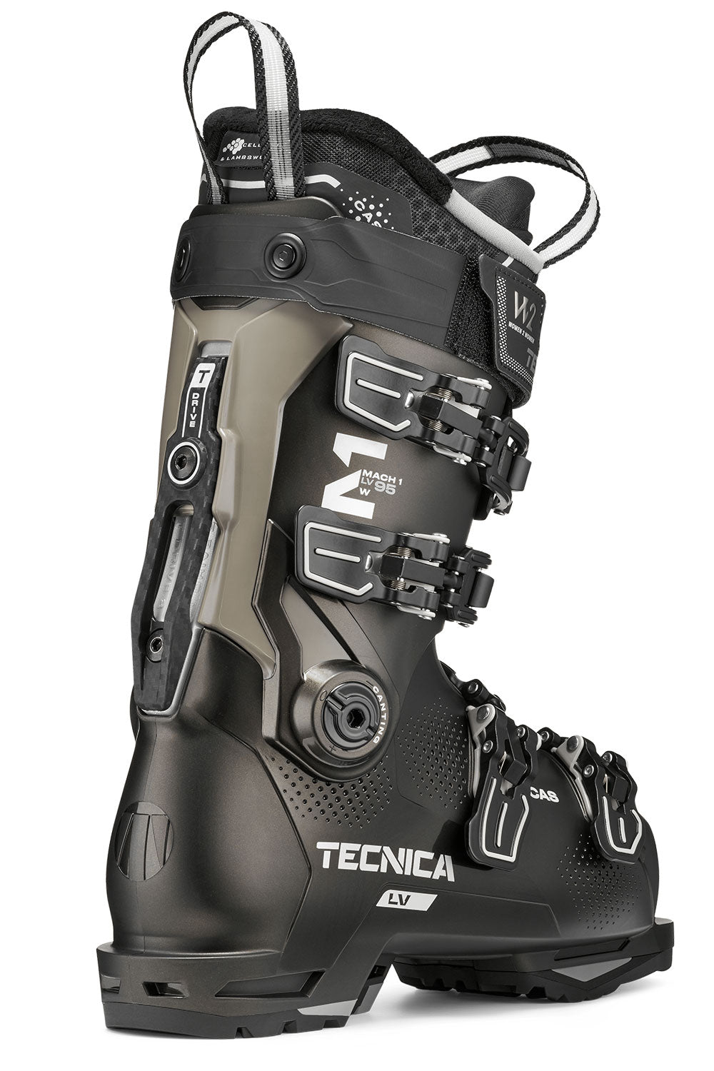 Black and gray Tecnica ski boot on a white background