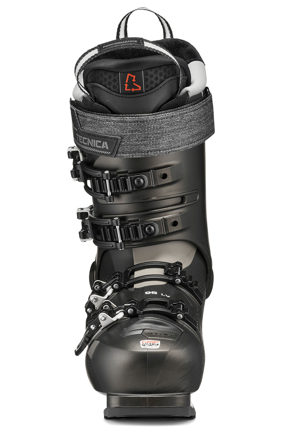 Black ski boot with visible brand logo on a white background