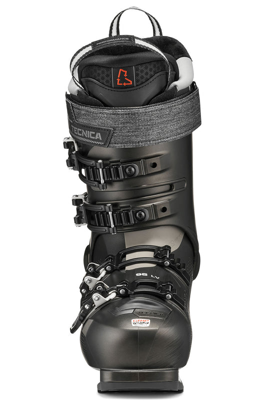 Black ski boot with visible brand logo on a white background