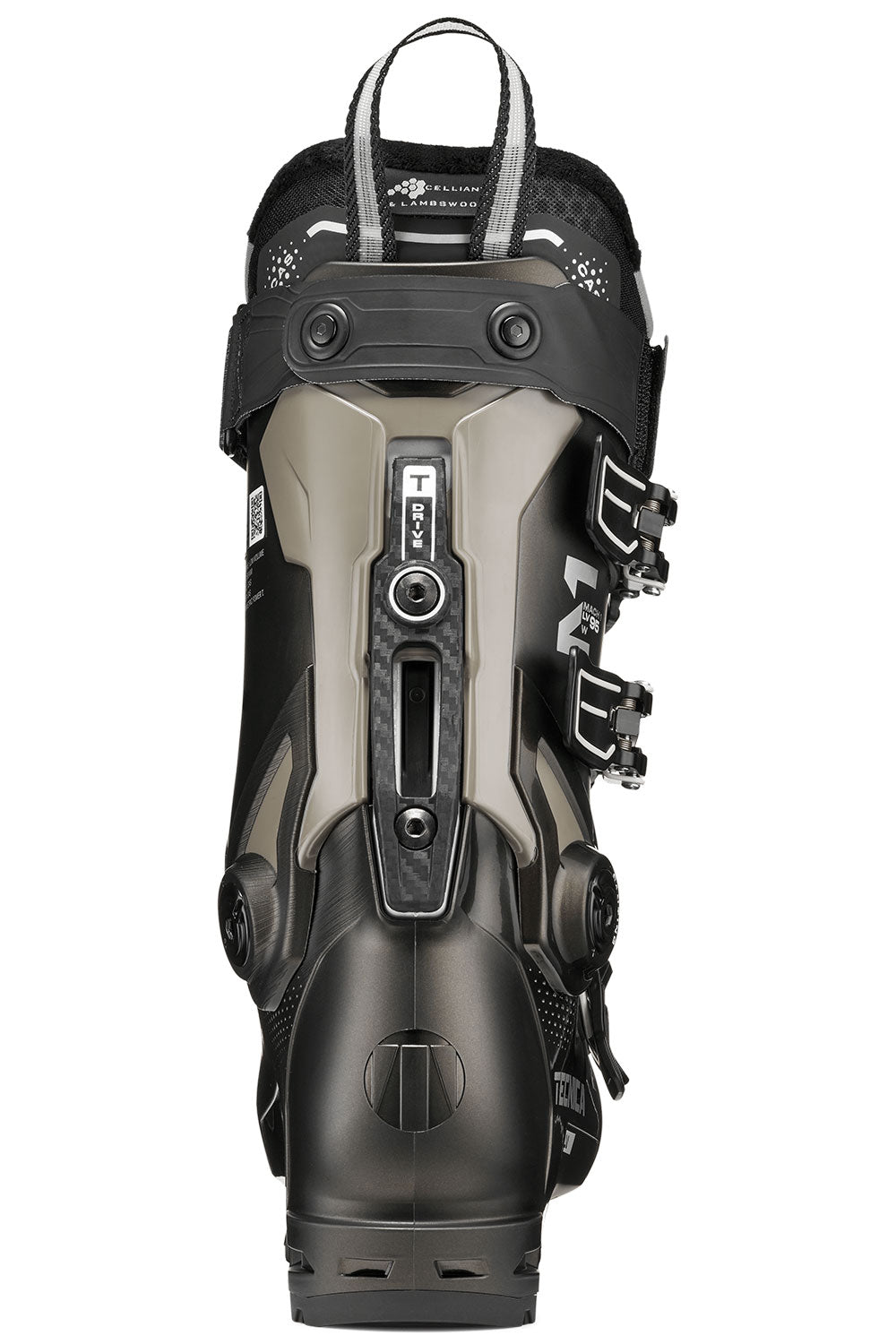 Black and gray ski boot with intricate design on a white background